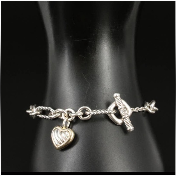 David Yurman 2 Tone Sterling and 18K Gold Figaro Heart Charm Bracelet - Picture 3 of 3